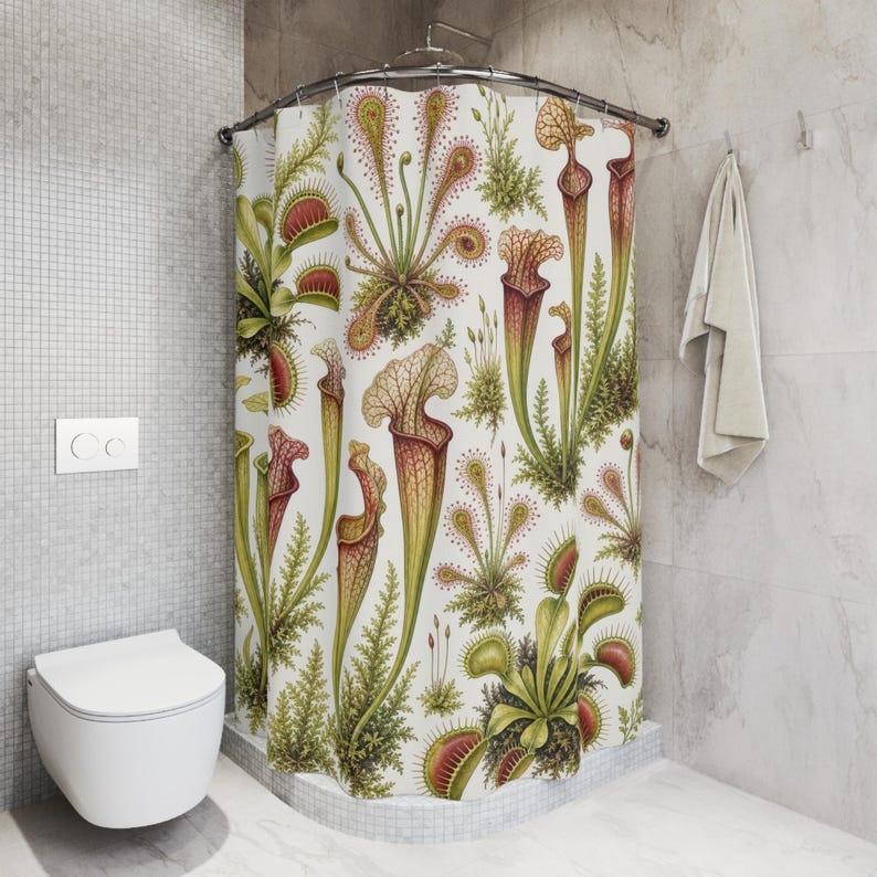 Carnivorous Plant Shower Curtain, Venus Flytrap Pitcher Plant Botanical Pattern, Green Jungle Bathroom Decor, Plant Lover Guest Bath image 5