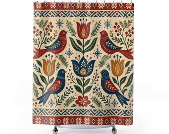 Cortina de ducha nórdica, jardín de aves folclórico escandinavo, decoración floral roja y azul para el baño, arte pintado a mano para el baño de invitados de una casa de campo.