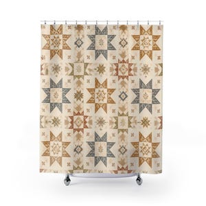 Country Shower Curtain, Patchwork Star Quilt Pattern, Farmhouse Bathroom Decor, Mustard Blue Guest Bath Folk Art Cottage Accent Style