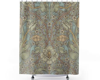 William Morris Spring Thicket Shower Curtain, Teal Blue Muted Sage Botanical, Arts and Crafts Victorian Floral Bath Curtain Vintage Gift