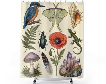 Cortina de ducha ilustrada, colección de especímenes de historia natural, decoración de baño con pájaros, polillas y helechos, arte para el baño de invitados de Curious Cottage