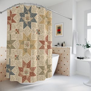 Vintage Farmhouse Shower Curtain, Quilt Star Calico Bathroom Decor, Country Floral Patchwork Bath Curtain, Cottage Guest Bath Decor