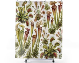 Carnivorous Plant Shower Curtain, Venus Flytrap Pitcher Plant Botanical Pattern, Green Jungle Bathroom Decor, Plant Lover Guest Bath