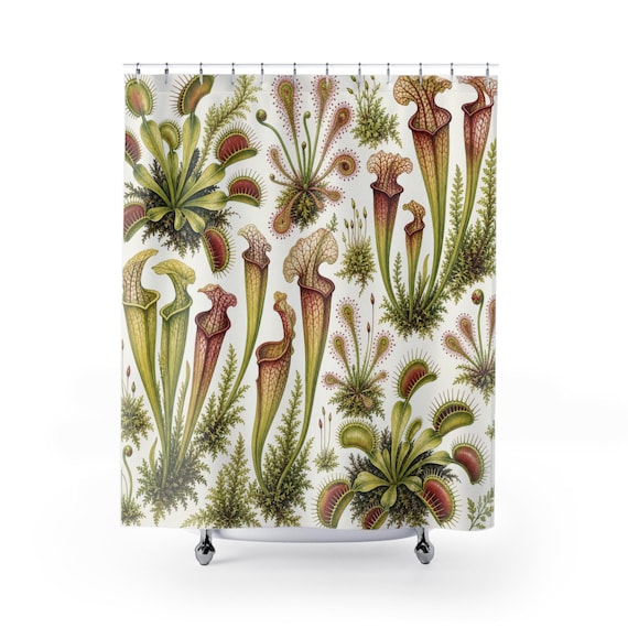 Carnivorous Plant Shower Curtain, Venus Flytrap Pitcher Plant Botanical Pattern, Green Jungle Bathroom Decor, Plant Lover Guest Bath