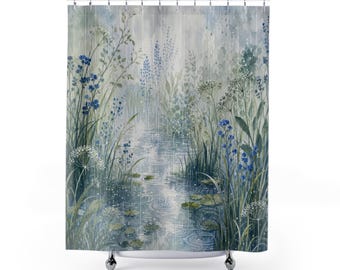 Nature Shower Curtain, Blue Pond Reed Watercolor Pattern, Botanical Bath Decor, Guest Bathroom, Lily Pad Floral Landscape Art, Blue Meadow