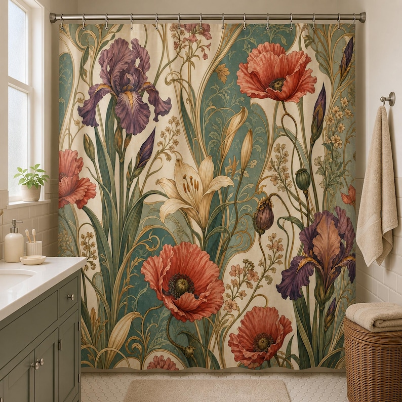 Art Nouveau poppy and iris shower curtain in an attainable sage vanity guest bathroom