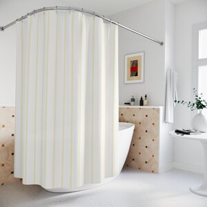 White Pinstripe Shower Curtain, Pale Yellow Striped Curtain, Modern Minimalist Bathroom Decor, Dense Vertical Stripe Bath Curtain image 2
