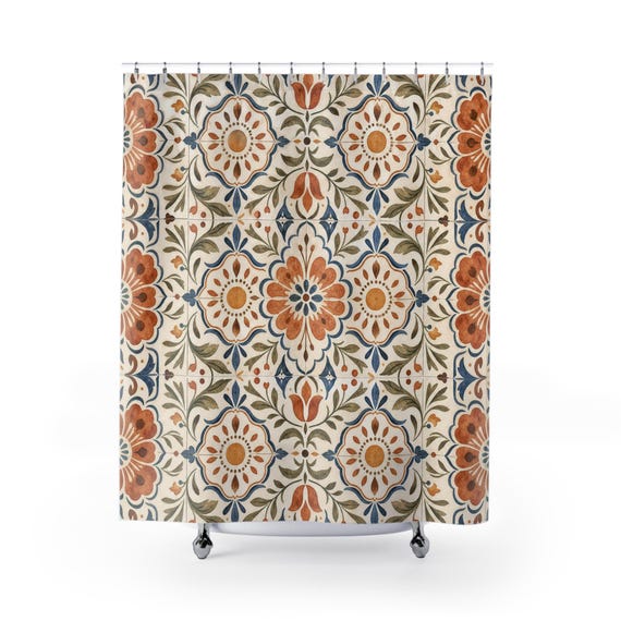 Boho Tile Shower Curtain, Terracotta Blue Floral Bathroom Decor, Vintage Ceramic Pattern Bath Curtain, Guest Bath, Bohemian Bathroom Decor