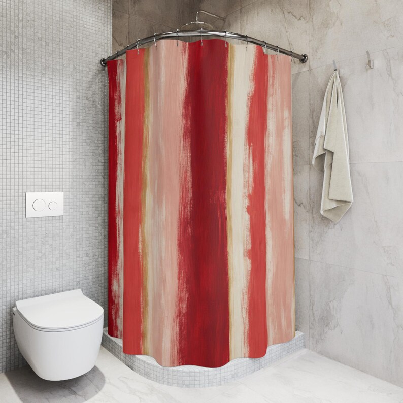 Painterly Red Band Shower Curtain, Red Blush Classic Bathroom Decor, Watercolor Stripe Bath Curtain, Guest Bath Decor, Small Bathroom Decor image 5