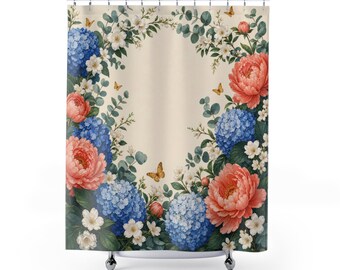 Cortina de ducha de alta calidad, diseño exclusivo de jardín de hortensias y peonías, decoración floral azul coral para baño, elegante cortina de baño de invitados para casa de campo.