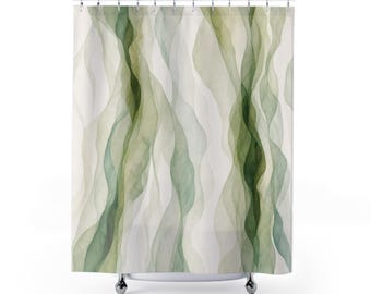 Green Stripe Shower Curtain, White Watercolor Bath Decor, Wavy Sage Vertical Pattern, Fresh Guest Bathroom Decor, Organic Spa Style