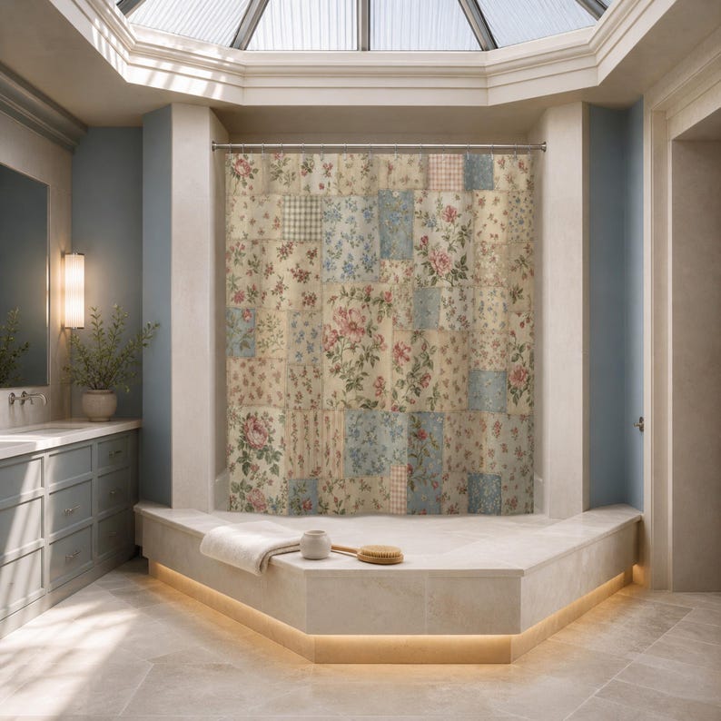 Vintage floral patchwork shower curtain in an octagonal gallery bathroom beneath a glazed lantern roof