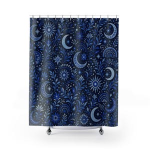 Navy Celestial Shower Curtain, Navy Blue Moon Bathroom Decor, Celestial Floral Bath Curtain, Guest Bath Decor, Small Bathroom Decor image 1