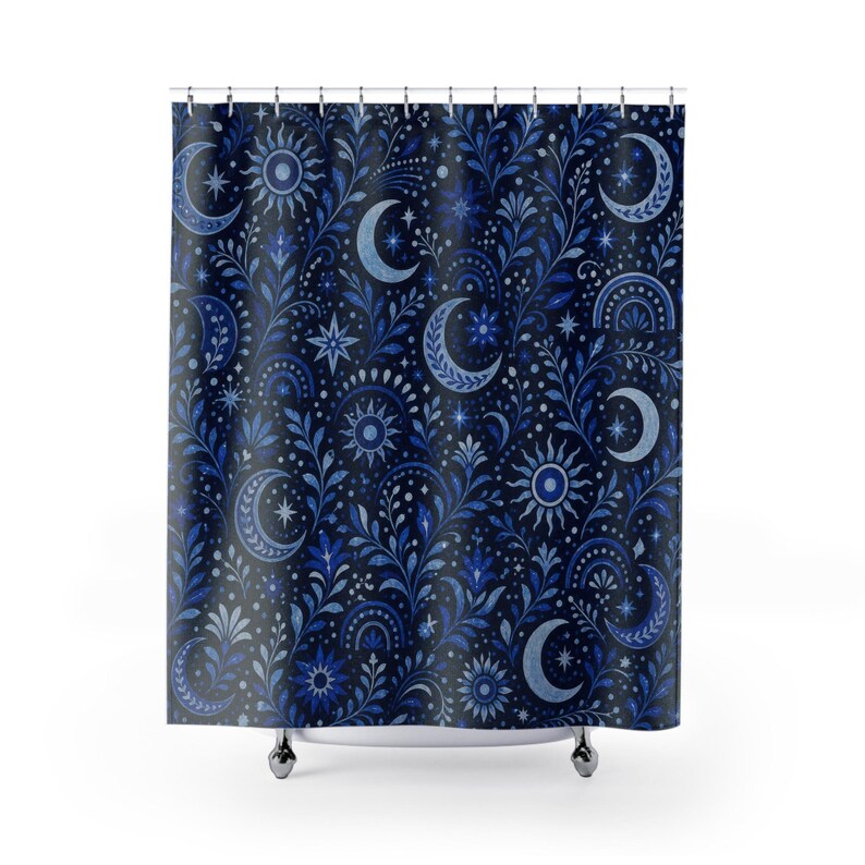 Navy Celestial Shower Curtain, Navy Blue Moon Bathroom Decor, Celestial Floral Bath Curtain, Guest Bath Decor, Small Bathroom Decor image 1