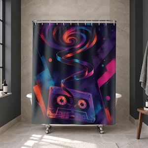 Cassette Shower Curtain, Neon Tape beneath Spiraling Orange Cyan and Magenta Ribbons, Dark Vaporwave Music Art