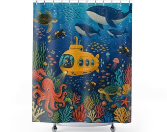 Cortina de ducha infantil con escena de submarino explorador del océano, decoración de baño con ballenas, tortugas y pulpos, arte colorido para el baño de invitados de los niños