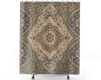 Boho Medallion Shower Curtain, Vintage Floral Tapestry Bathroom Decor, Dusty Blue Sage Beige Bath Curtain, Eclectic Guest Bath Decor