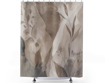 Taupe douchegordijn, beige abstract botanisch patroon, badkamerdecor neutraal aquarel, modern natuurbadgordijn, spagastenbad