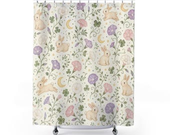 Bunny Shower Curtain, Cute Rabbit Bath Decor, Cottagecore Meadow Floral Pattern, Lavender Guest Bathroom Decor, Soft Botanical Style