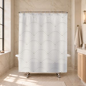 White Fluted Shell Shower Curtain, Scallop Fan Bathroom Decor, Ivory Coastal Art Deco Bath Curtain, Spa Guest Bath Powder Room Decor