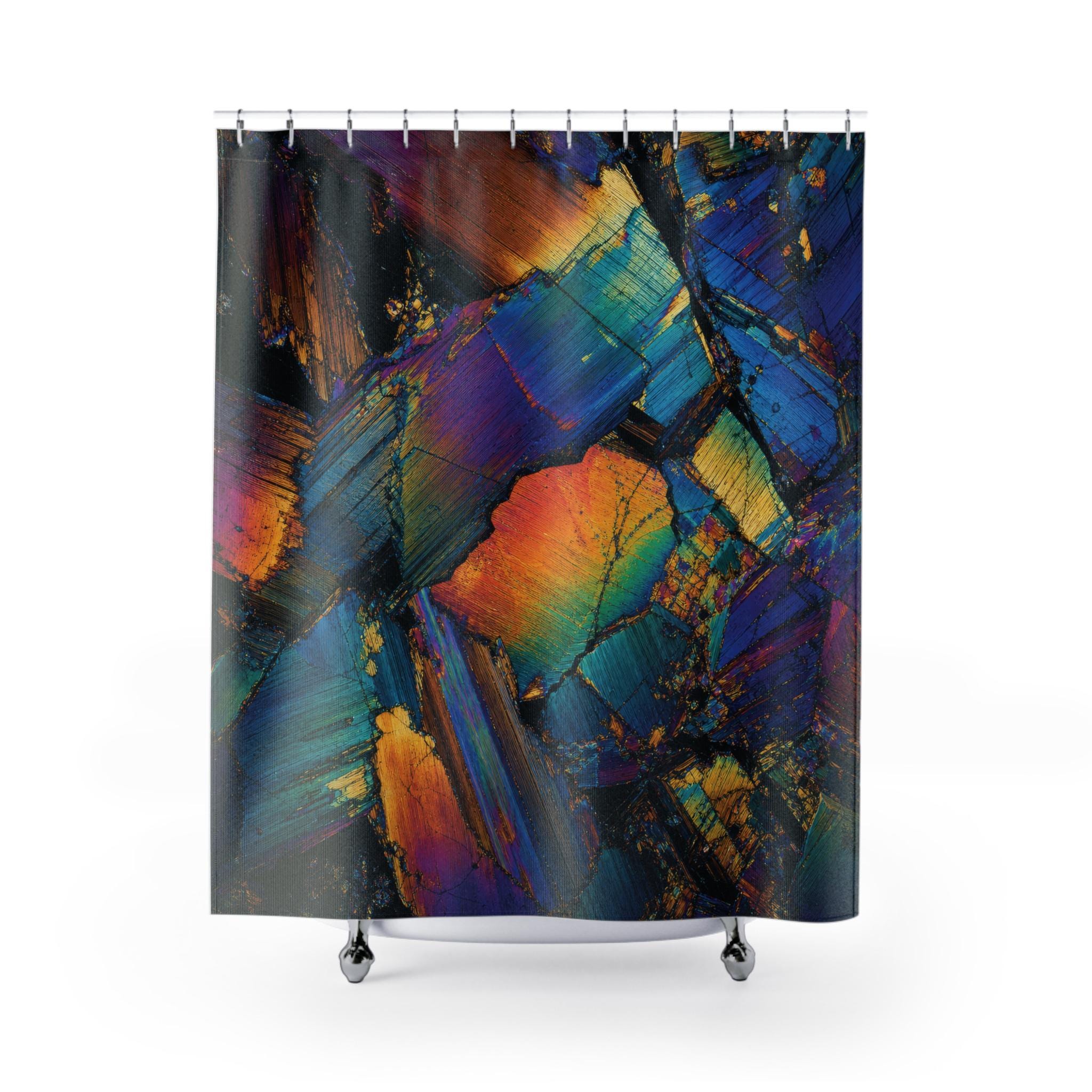Crystal Shower Curtain, Colorful Abstract Geometric Facets, Jewel Tone Blue Orange Black Bathroom Decor, Modern Art Bath, Guest Bath