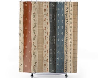 Cortina de ducha a rayas, estampado de rayas verticales estilo bohemio, decoración de baño estilo granja en azul óxido, acento textil cálido para baño de invitados.