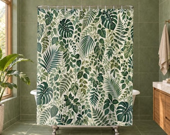 Dense Tropical Shower Curtain, Palm Leaf Bath Decor, Layered Green Botanical Pattern, Jungle Garden Guest Bathroom, Lush Leaf Decor