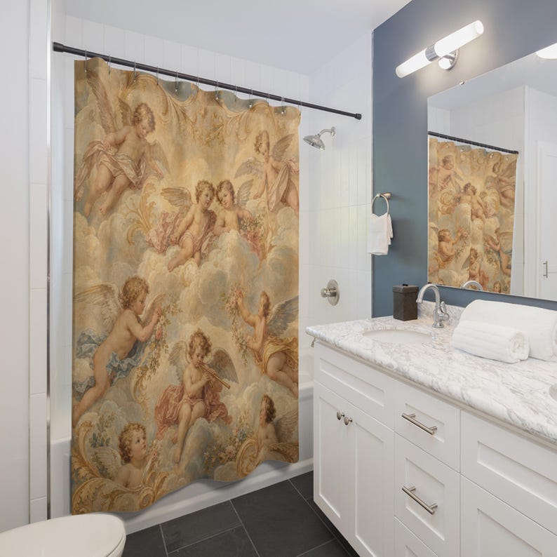 Cherub Shower Curtain, Renaissance Putti Angel Art, Cream Blush Heavenly Cloud Decor, Classical Bathroom Accent, Vintage Soft Bath Art image 3