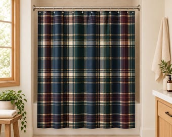 Plaid Shower Curtain, Green Navy Burgundy Tartan Pattern, Farmhouse Bathroom Decor, Rustic Country Bath Curtain, Vintage Lodge Guest Bath