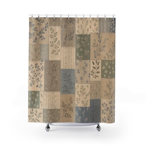 Farmhouse Shower Curtain, Rustic Patchwork Bath Decor, Country Quilt Pattern, Beige Blue Guest Bathroom Decor, Vintage Rustic Style
