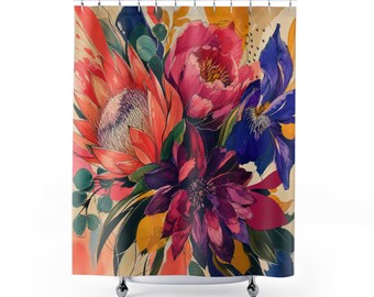 Cortina de ducha artística con flores, pintura gestual de proteas, peonías y dalias, decoración moderna y colorida para el baño, arte llamativo para el baño de invitados.