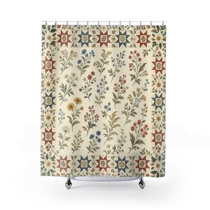 Vintage Floral Shower Curtain, Patchwork Quilt Border Pattern, Country Farmhouse Bathroom Decor, Cottage Guest Bath Patchwork Style Art