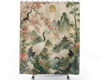 Japanese Shower Curtain, Asian Crane Garden Art, Cherry Blossom Bamboo Landscape, Chinoiserie Nature Bath Curtain, Green Ivory Floral Decor