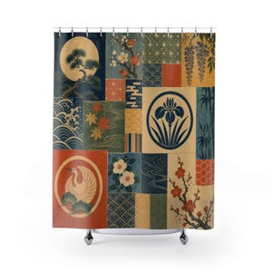 May include: A shower curtain featuring a patchwork design of various Japanese-inspired motifs, including a crane in a circle, an iris emblem, pine trees, cherry blossoms, maple leaves, bamboo, and geometric patterns in shades of red, blue, and gold.