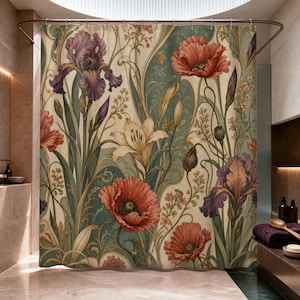Art Nouveau poppy and iris shower curtain in an elliptical glass lantern designer bathroom