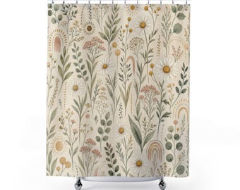 Green Boho Shower Curtain, Sage Daisy Meadow Bathroom Decor, Soft Floral Botanical Bath Curtain, Cottage Guest Bath, Bohemian Bathroom Decor