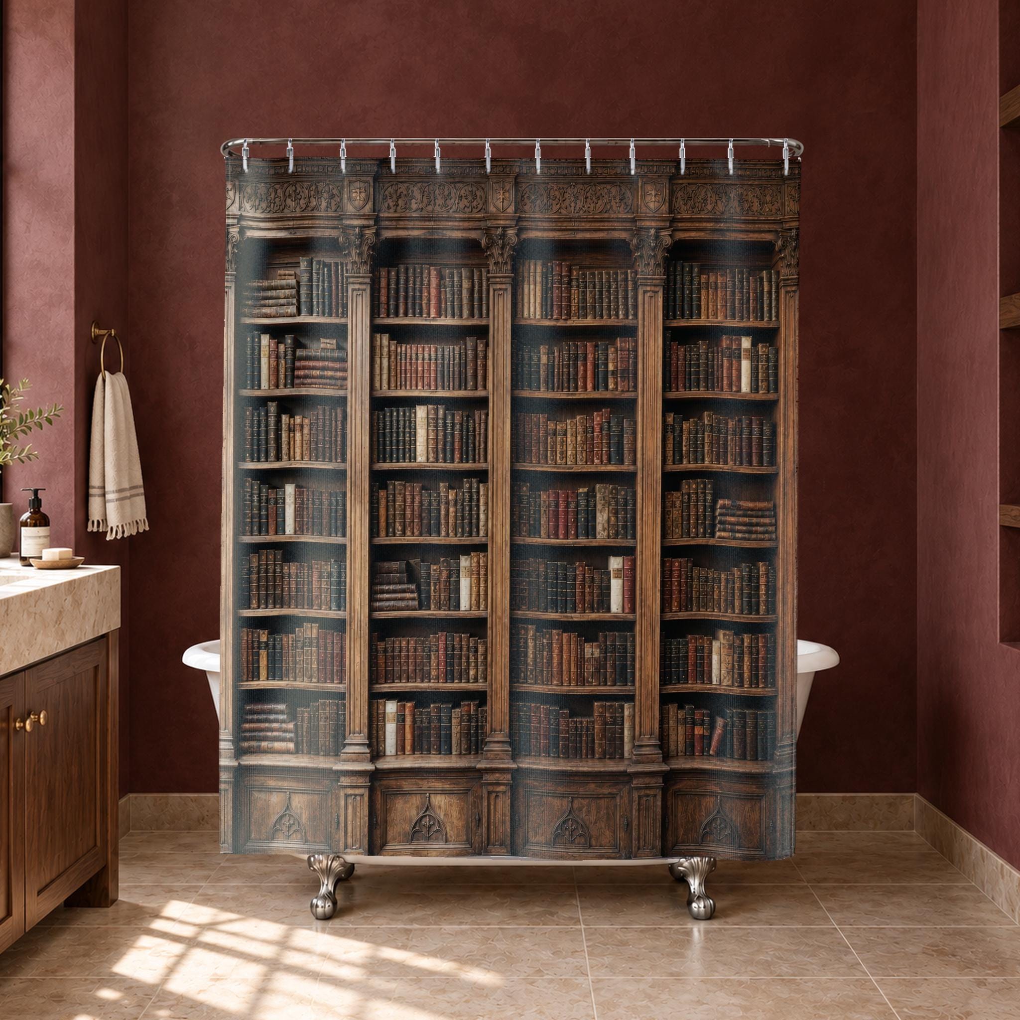 Vintage Library Shower Curtain, Antique Bookshelf Bathroom Decor, Dark Academia Brown Wood, Classic Oxford Study Bath Curtain