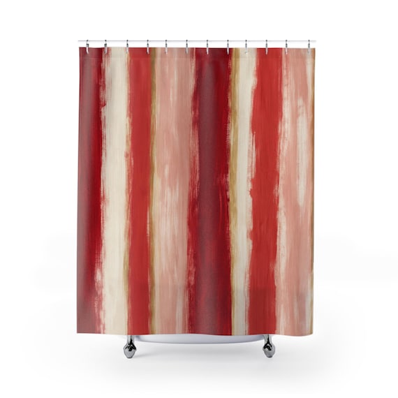 Painterly Red Band Shower Curtain, Red Blush Classic Bathroom Decor, Watercolor Stripe Bath Curtain, Guest Bath Decor, Small Bathroom Decor