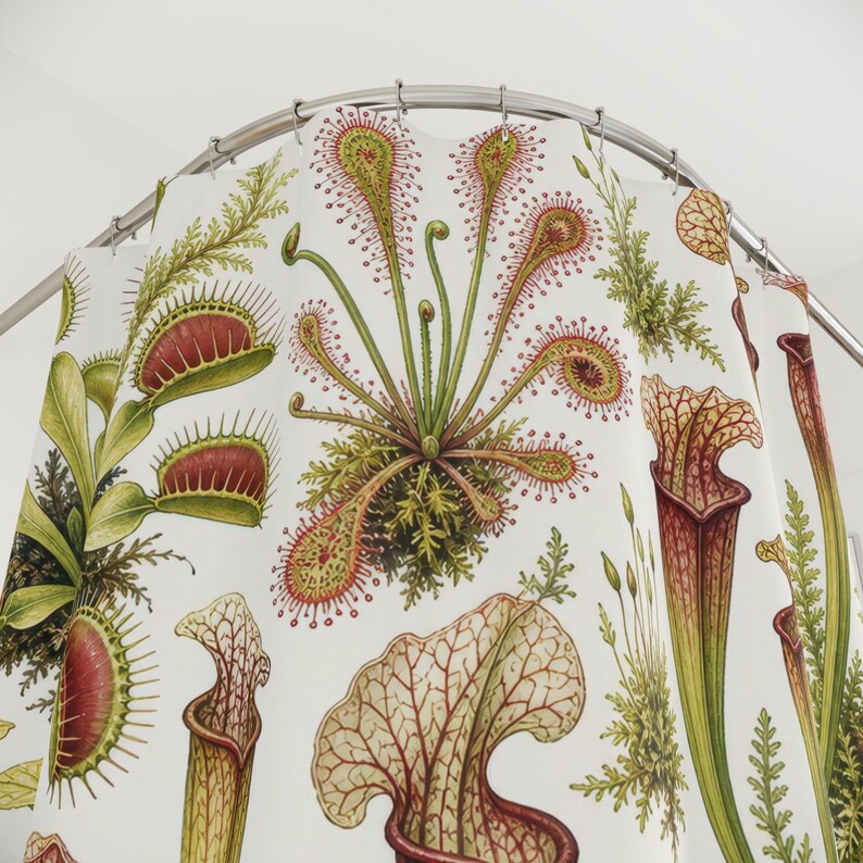 Carnivorous Plant Shower Curtain, Venus Flytrap Pitcher Plant Botanical Pattern, Green Jungle Bathroom Decor, Plant Lover Guest Bath image 2
