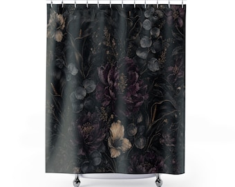 Dark Floral Shower Curtain, Purple Bouquet Botanical Art, Black Cream Moody Flower Pattern, Gothic Bathroom Decor, Dark Guest Bath Style