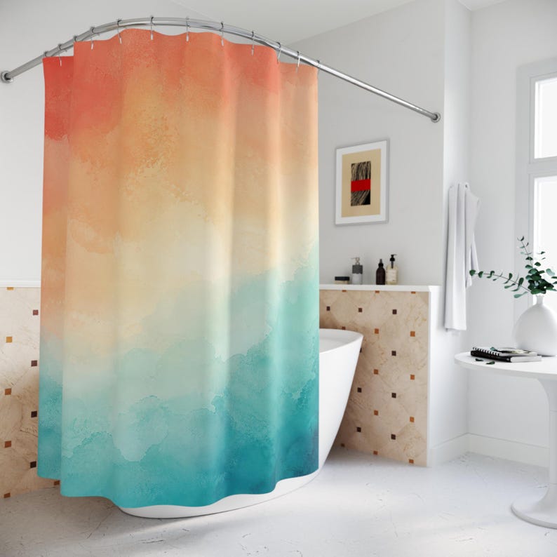 Rideau de douche dégradé coucher de soleil, décoration de bain aquarelle corail sarcelle, motif brume douce, décoration de salle de bain côtière sereine et chaude image 4