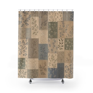 Farmhouse Shower Curtain, Rustic Patchwork Bath Decor, Country Quilt Pattern, Beige Blue Guest Bathroom Decor, Vintage Rustic Style