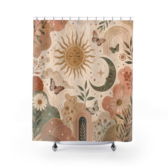 Aesthetic Shower Curtain, Boho Celestial Sun Moon Art, Blush Terracotta Sage Floral Butterfly Bathroom Decor, Artsy Cream Bath Curtain