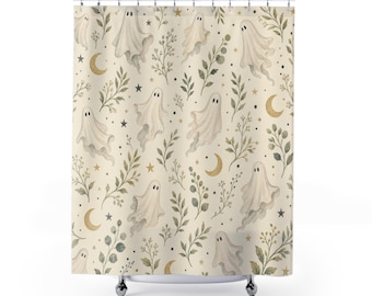 Ghost Shower Curtain, Halloween Bath Decor, Spooky Moon Botanical Repeat, Cream Cottage Guest Bathroom Wall Art Soft Spooky Decor Style