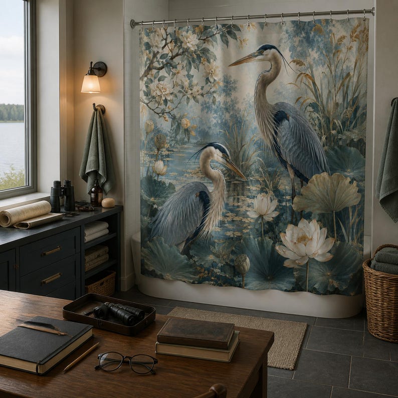 Blue green heron and lotus shower curtain in a wetland ecologist's lakeside bathroom
