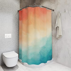 Rideau de douche dégradé coucher de soleil, décoration de bain aquarelle corail sarcelle, motif brume douce, décoration de salle de bain côtière sereine et chaude image 5
