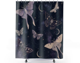 Celestial Shower Curtain, Lavender Moths, Moons and Stars, Deep Purple Night Sky Bathroom Decor, Mystical Orbital Art for Guest Bath