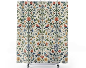 Folk Art Shower Curtain, Scandinavian Floral Bird Bathroom Decor, Vintage Botanical Bath Curtain, Cottagecore Blue Coral Sage Ivory