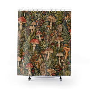 May include: A shower curtain featuring a dense, repeating pattern of various mushrooms, including red-capped toadstools, brown forest fungi, and golden chanterelles, interspersed with green ferns, moss, tree bark textures, and small red berries.