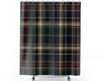 Plaid Shower Curtain, Green Navy Burgundy Tartan Pattern, Farmhouse Bathroom Decor, Rustic Country Bath Curtain, Vintage Lodge Guest Bath